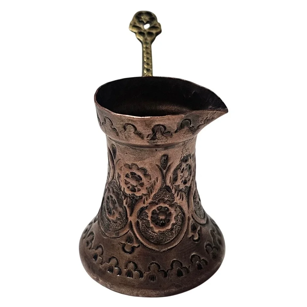 Vintage Small Copper Turkish Coffee Pot Engraved Floral Ibrik